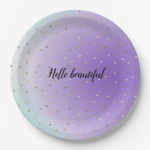 Plato De Papel Corazones dorados morados Aqua Ombre personalizado