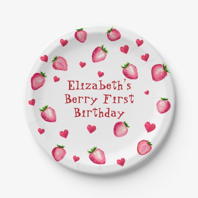 Plato De Papel Corazones Fiestas de fresa de Berry First Birthday (Anverso)