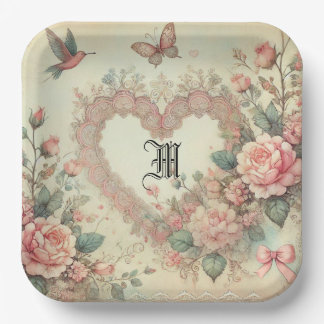 Plato De Papel Corazones florales boho de acuarela pastel vintage