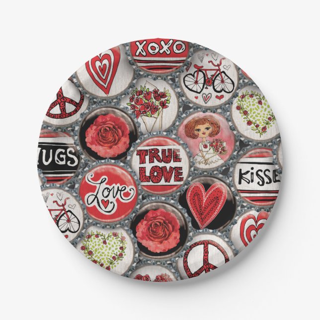 Plato De Papel Corazones florales rojas retro Valentine True Love (Anverso)