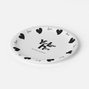 Plato De Papel Corazones Hearty Negros - Texto y Logo Personaliza