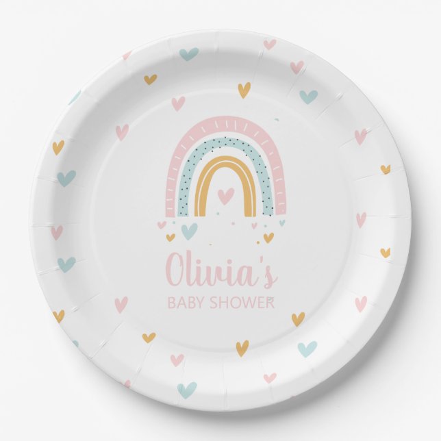 Plato De Papel corazones pastel de Baby Shower con arcoiris (Anverso)