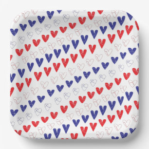 Plato De Papel Corazones Patriótico Rojo, Blanco y Azul