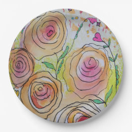 Plato De Papel Corazones pequeños Flores grandes