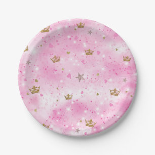 Plato De Papel Corazones Princesas Rosadas Estrellas y Coronas Fi