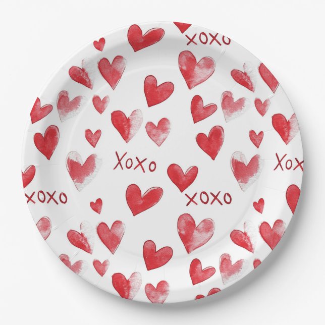 Plato De Papel Corazones Rojos Amor XOXO (Anverso)