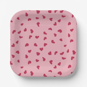 Plato De Papel Corazones Rojos Doodles Dispersos en Rosa