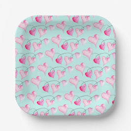 Plato De Papel Corazones rosa acuarelas
