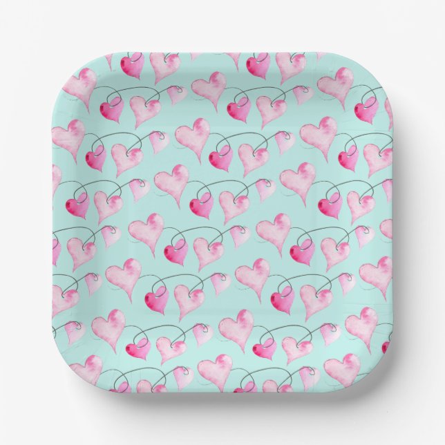 Plato De Papel Corazones rosa acuarelas (Anverso)
