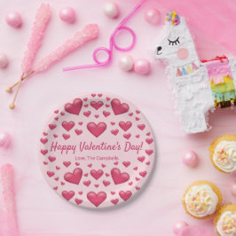 Plato De Papel Corazones rosas Feliz día de San Valentín y texto 