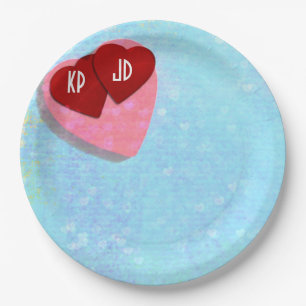 Plato De Papel Corazones rosas y rojos con iniciales personalizad