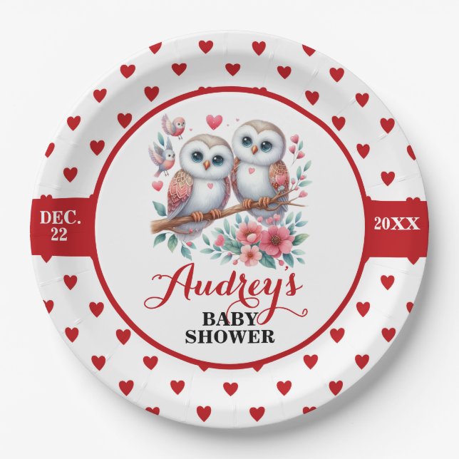 Plato De Papel Corazones y búhos rojos curados (Anverso)