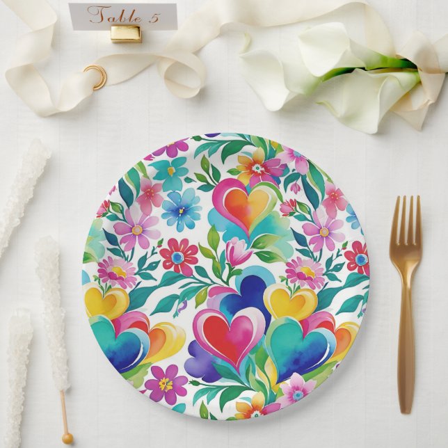 Plato De Papel Corazones Y Flores Brillantes Y Alegres (Boda)