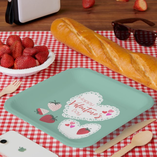 Plato De Papel Corazones y fresas Feliz Día de San Valentín (Picnic)