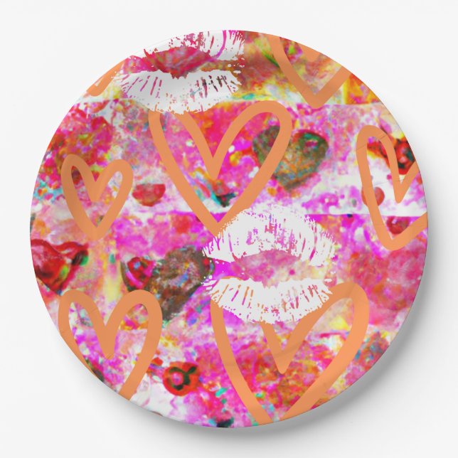 Plato De Papel Corazones y labios (Anverso)