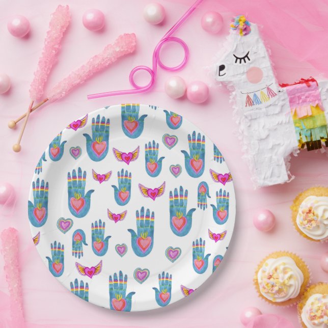 Plato De Papel Corazones y manos de flor acuarela Valentines (Fiesta)