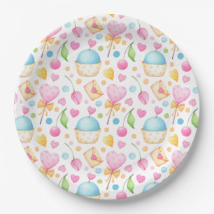 Plato De Papel Corazones y muffins Delightful Watercolor Pattern