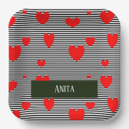 Plato De Papel Corazones y rayas rojas personalizadas