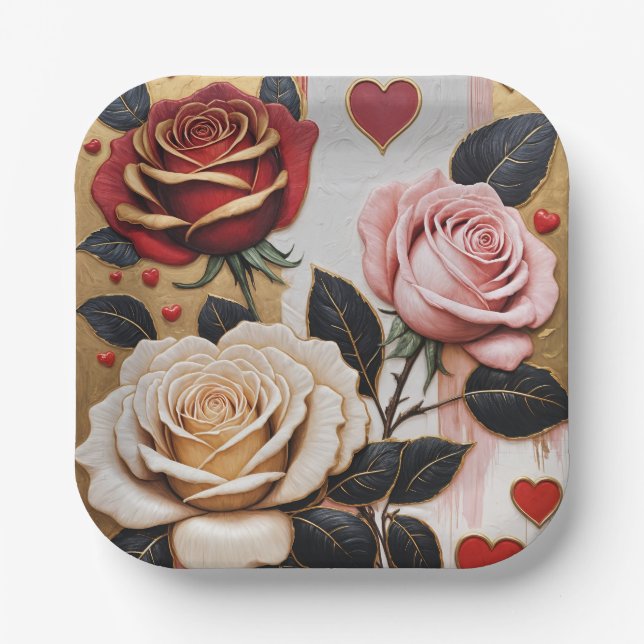 Plato De Papel Corazones y Rosas opulentos (Anverso)