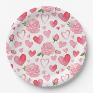Plato De Papel Corazones y Rosas Rosadas