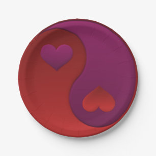 Plato De Papel Corazones Yin Yang morado y rojo
