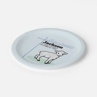 Plato De Papel Cordero Niño Azul Bautizo, Personalizable