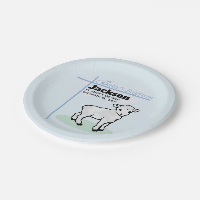 Plato De Papel Cordero Niño Azul Bautizo, Personalizable (Angular)
