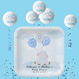 Plato De Papel Cordero pequeño se eleva en los globos azul
