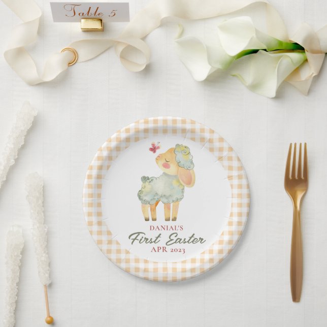 Plato De Papel Cordero Pequeño Y Platado Personalizado Mi Primera (Boda)
