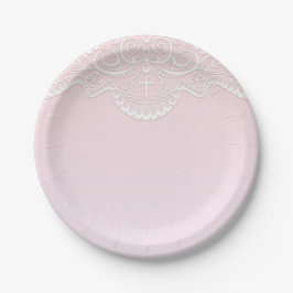 Plato De Papel Cordón rosado, blanco, religioso