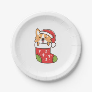 Plato De Papel Corgi cachorro en calcetín de navidades