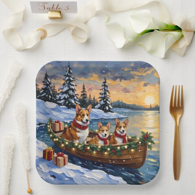 Plato De Papel Corgi Christmas Boat Holiday (Boda)