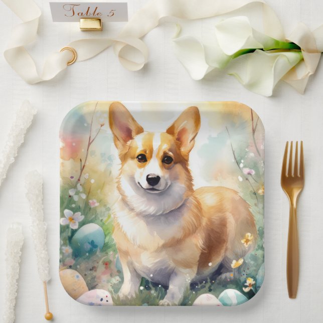 Plato De Papel Corgi con vacaciones en Pascua (Boda)