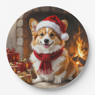 Plato De Papel Corgi de Navidad junto a la chimenea