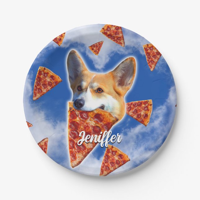 Plato De Papel Corgi Dog Eating Pizza (Anverso)