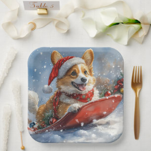 Plato De Papel Corgi Dog en Sledge Let it Snow Navidades