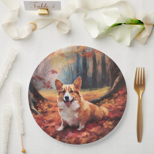 Plato De Papel Corgi en otoño se inspira en las hojas (Boda)