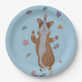 Plato De Papel Corgi Galés Bailando con Mariposas