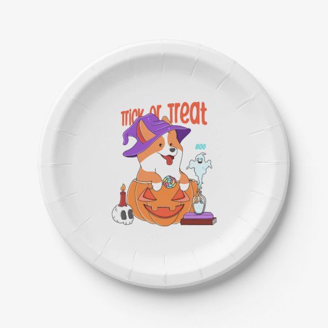 Plato De Papel Corgi Halloween (Anverso)