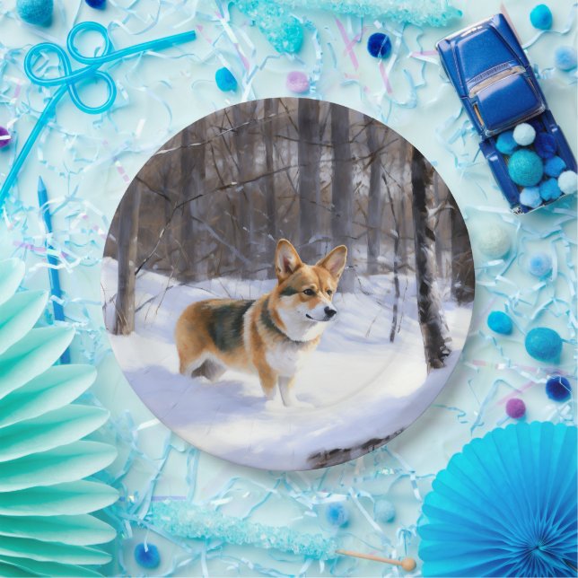 Plato De Papel Corgi Let It Snow Navidades (Fiesta)