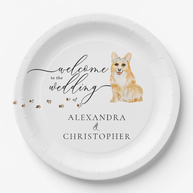 Plato De Papel Corgi Perro Bienvenido a conjunto de boda (Anverso)