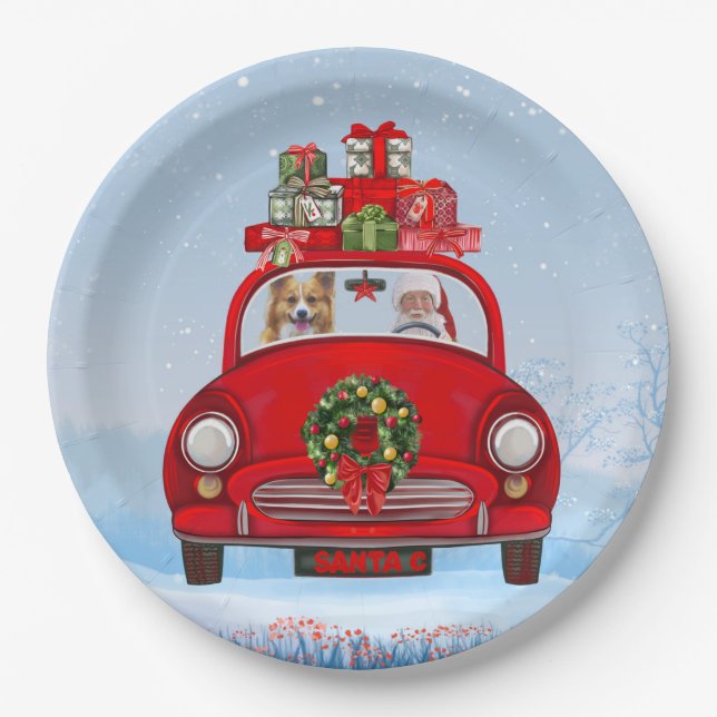 Plato De Papel Corgi Perro En Coche Con Santa Claus (Anverso)