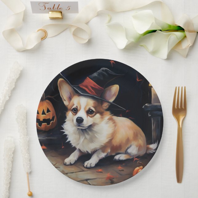 Plato De Papel Corgi Pumpkins Halloween Scary (Boda)