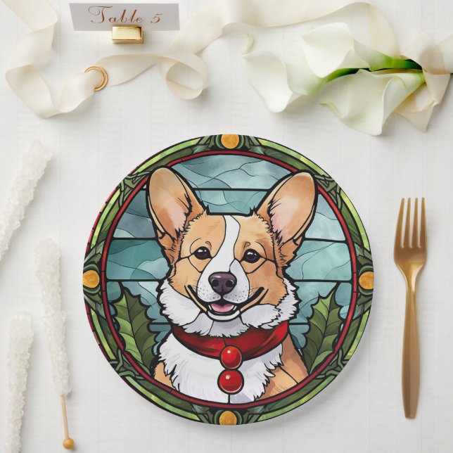 Plato De Papel Corgi Vidrio Pintado de Navidad (Boda)