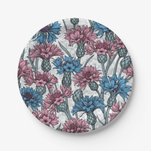 Plato De Papel Cornflores rosas y azules, flores silvestres en bl