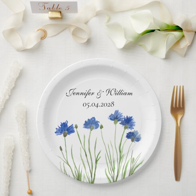 Plato De Papel Cornflowers Wildflowers Flores Boda de acuarela (Boda)