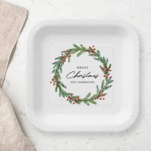 Plato De Papel Corona de bayas rústicas Navidad
