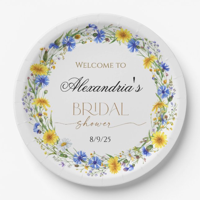 Plato De Papel Corona de bienvenida de flores silvestres azules,  (Anverso)