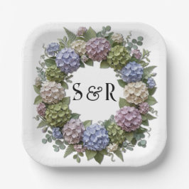 Plato De Papel Corona de boda con monograma de hortensia
