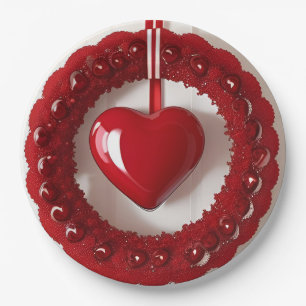 Plato De Papel Corona de corazones con Corazones Rojos Brillantes